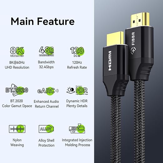 FIBBR 8K HDMI 2.1 Cable 6ft/2m, 48Gbps High Speed HDMI Cord, Support 8K@60Hz 4K@120Hz 2K@240Hz eARC 3D Dynamic HDR 12Bit for PS4/PS5 Laptop Xbox Series Standard HDMI Port