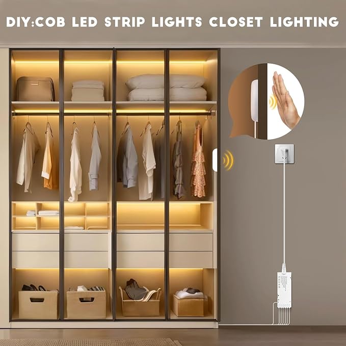 LED Under Cabinet Lighting Kit 6PCS 12V COB LED Strip Lights with 36W Adapter 1M/3.3FT Penetrable Wood Touch Dimmable Led Strip 3000k Flexible LED Cabinet Lights for indoor Kitchen ,Book Shelf, Closet