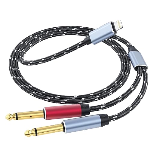 Lightning to Dual 6.35mm 1/4" TS Mono Stereo Y-Cable Splitter Lightning to Dual 1/4 inch Audio Cable Compatible for iPhone12/11/X/XS/XR/8/7/iPad,Amplifier, Speaker, Headphone, Mixing Console 20FT