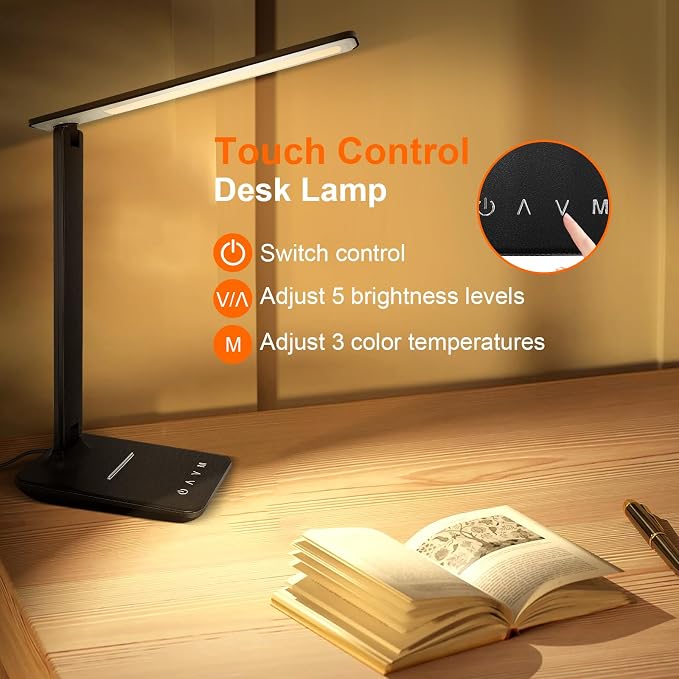 karidi LED Desk Lamp Dimmable Table Lamp with USB Charging Port, 5 Lighting Modes, Sensitive Control, Foldable Portable Desk Light for Home Office Bedroom Reading (Black, Standard Size - 13.3 inch)
