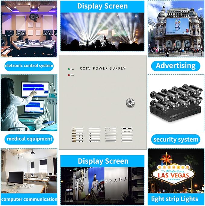 18 Channel 12 Volt DC Output 10A CCTV Distributed Power Supply Box for Security Camera with AC Plug and Lock for Security Cameras, DVRs, CCTV Power Supply (10A 18-Channel)