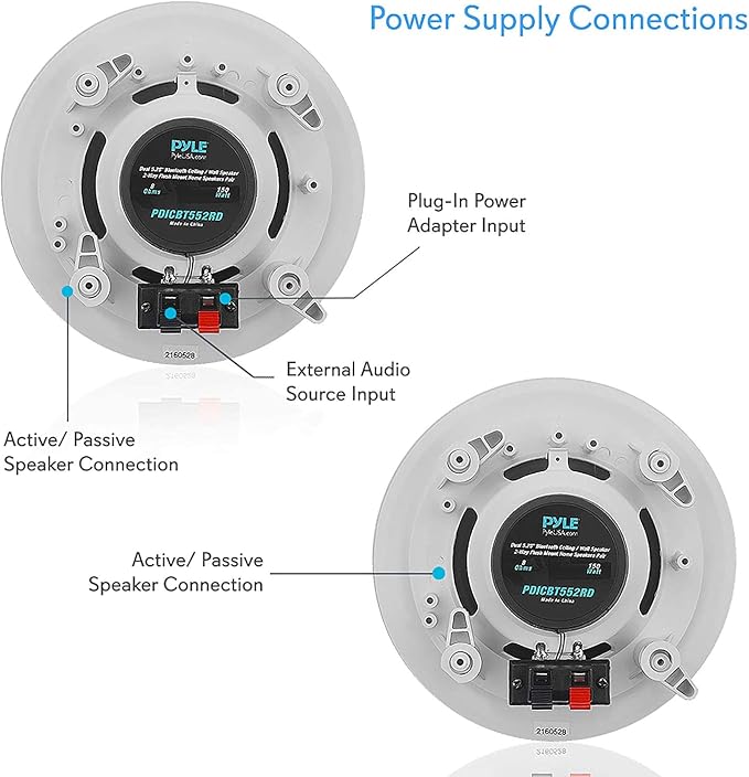Pyle 5.25” Pair Bluetooth Flush Mount In-wall In-ceiling 2-Way Speaker System Quick Connections Changeable Round/Square Grill Polypropylene Cone & Polymer Tweeter Stereo Sound 150 Watt (PDICBT552RD)