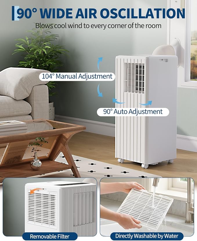 8000 BTU Portable Air Conditioner - 3 in-1 AC Unit Cools 350 Sq. Ft Rooms, Quiet 50 dB Operation w/Touch Control & Remote, Includes Window Kit & 24H Timer, Dehumidifier & Fan Modes for Bedroom, White