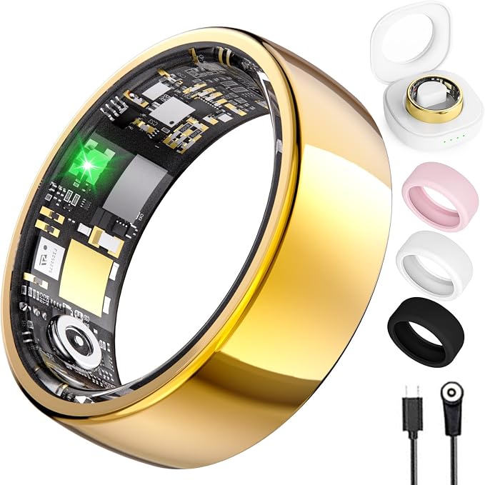 Smart Ring for Women Men, Health Tracker with Heart Rate/Blood Oxygen/Blood Pressure/Sleep Monitoring/Step Counting, IP68 Waterproof Fitness Ring, No App Fees for iPhone & Android (Gold, 13#)