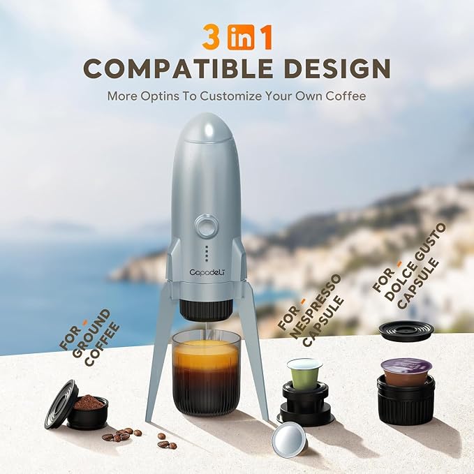 RECAFIMIL Portable Electric Espresso Machine, 3-in-1 Self-Heating Coffee Maker for Travel & Camping, 19 Bar Pressure, Compatible with Ground Coffee & NE-SPRESSO/Do-lce Guto Pods, Bright White