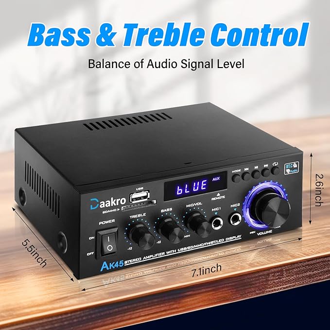 Daakro AK45 Stereo Audio Amplifier,300W Home 2 Channel Wireless Bluetooth 5.0 Power Amplifier System, Home Amplifiers FM Radio, USB, SD Card, with Remote Control Home Theater Audio Stereo System