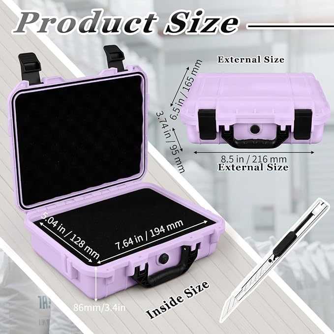Relaxweex 1 Pcs Waterproof Hard Case with DIY Customizable Foam Insert Portable Protective Case with Knife for Camera Drones Equipments Tools Test Instruments(Purple,8.5 x 6.5 x 3.7 Inch)