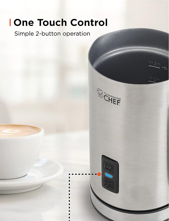 Commercial Chef Cordless Milk Frother for Hot and Cold Milk, 1-Cup/240ml Capacity, Handheld Frother for Kitchen Coffee Bar, Cappuccino and More, Non-Stick Exterior, CHMF08S, Stainless Steel