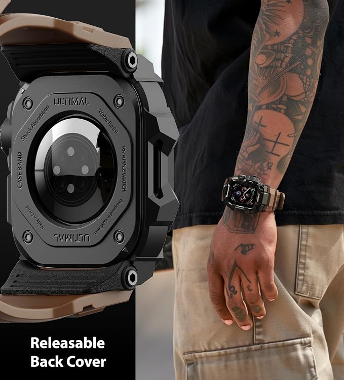 ULTIMAL Rugged Case with Band for Apple Watch Band 45mm,Compatible with Apple Watch Series 9/8/7 45mm,Military Grade Shockproof Bumper Cover for iWatch Tactical Band Men (Coffee Brown, 45mm)