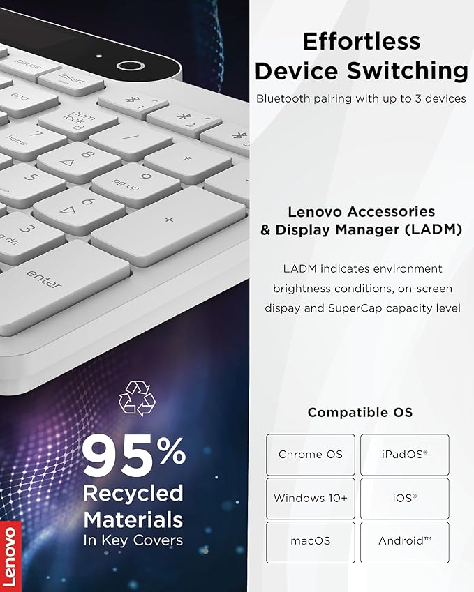 Lenovo 800 Self-Charging Bluetooth Keyboard, Uses Ambient Light for Charging, Bluetooth 5.1, Supports 3 Devices, Battery Free, Wireless, White