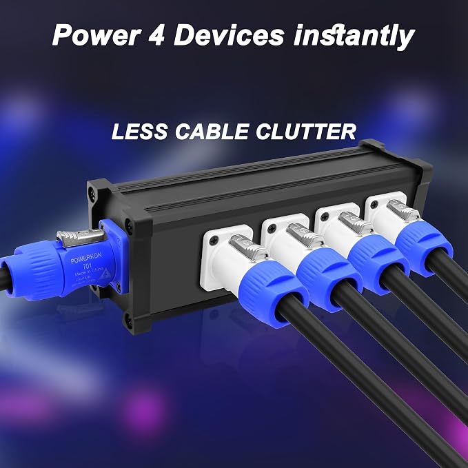 XMSJSIY PowerCon Input to Powercon Output Splitter 1 to 4 Power Distribution Box 4 Channel Multi 1 in 4 Way Out PowerCon Center for LED Screen Beam Moving Head Light, Stage Light Power and More