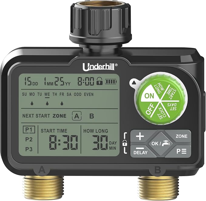 Underhill AquaVision Digital Hose Timer, Dual Zone Automatic Garden Water Timer with LCD Display, Programmable Irrigation Controller for Sprinklers, Drip Systems & Garden Hose Faucets