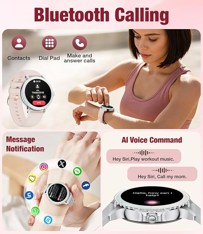 SUNKTA Smart Watch for Women (Answer/Make Call),1.27" Curved Display Smartwatch with Female Cycle/Sleep Monitor,5ATM Waterproof Fitness Tracker 100 Sport Modes Pedometer for Android/iOS,Silver