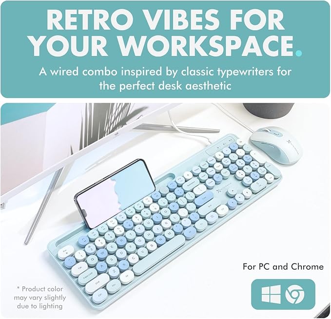 X9 Wired Keyboard and Mouse Combo with Backlight - Retro Typewriter Round Keycaps, Phone/Tablet Dock, 109 Fullsize Keys, Cute Colorful Blue Keyboard, Pastel Keyboard for Laptop, PC and Chromebook