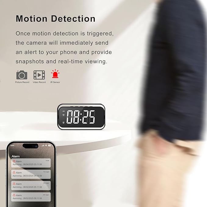 Security-Mini-Camera, 4K Real Full HD Nanny Cam with Two Sets of Alarm Clock Setting for Home Security, Night Vision & Motion Detection Alerts, Mobile Phone App Remote Control, Support 2.4G and 5G