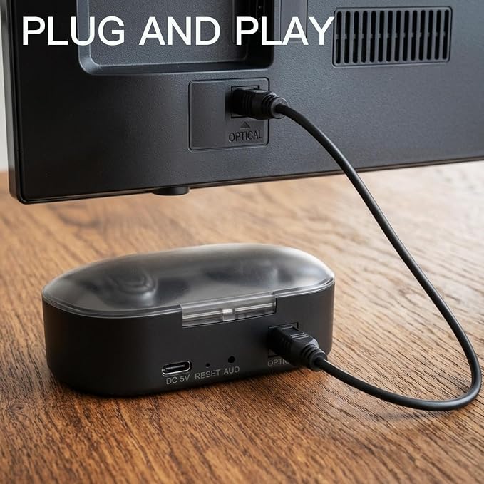 2.4GHz Wireless TV Headphones for Seniors, Open-Ear Hook Design for All-Day Comfort, Plug-and-Play (No Bluetooth), Low Latency, 50ft Range, Charging Case Transmitter with Optical & 3.5mm AUX Cables