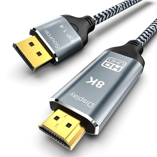 DisplayPort to HDMI 2.1 Cable 3.3FT 8K@60Hz 4K@120Hz Uni-Directional DP (Source) to HDMI (Display) Braided Cord Supports HDCP 2.3 HDR10 Display Port for AMD,NVIDIA,and PC