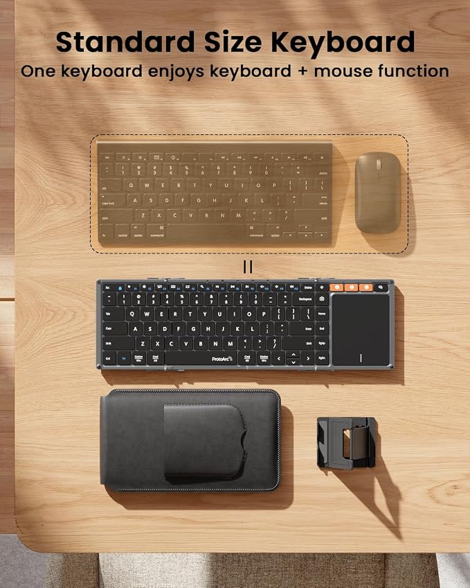ProtoArc Foldable Keyboard with Touchpad, XK01 TP Folding Portable Keyboard, Full Size Keys, Large Trackpad Bluetooth Travel Keyboards for Laptop PC Tablet - Gray