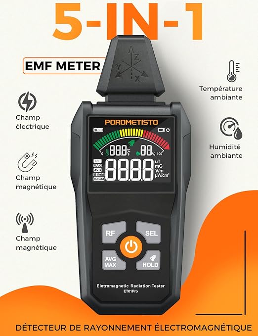 EMF Meter Radiation Detector, ET01Pro EMF Detector, 5-in-1 Electromagnetic Field & Radio Frequency Detector for Home Use & Office EMF Inspections, Ghost Hunting Equipment