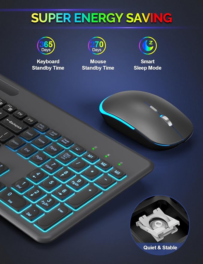 Wireless Keyboard and Mouse, 15 Backlit Effects, Slim Rechargeable Keyboard & Mouse Combo with Phone Holder, Light Up Keys, Lag-Free USB-A & C Cordless Set for PC, Laptop, Windows- by SABLUTE