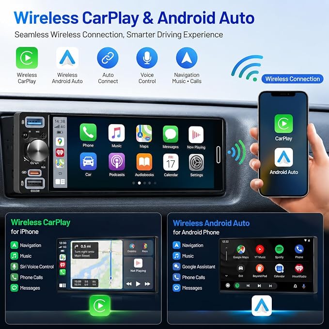 6.5" Single Din Car Stereo, Wireless Apple CarPlay Android Auto, Car Bluetooth 5.2, Car Radio with HD In-Cell IPS Touchscreen,FM/AM/RDS, Dual USB Type-C, HD Backup Camera, 180W Audio Output, Subwoofer