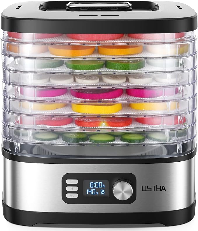 OSTBA 8-Tray Food Dehydrator, 72H Timer & Temp Control up to 158℉, Includes 8 Mesh Sheets, 1 Fruit Roll Tray, 1 Tongs, Recipe Book for Jerky, Fruit, Meat, Vegetables, Herbs, BPA-Free