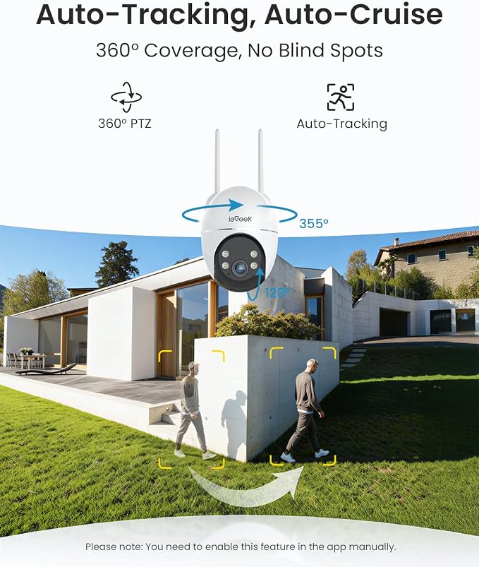 ieGeek Solar Security Cameras Wireless Outdoor, WiFi Surveillance Camera with Solar Panel & 9000mAh Battery, 24/7 Recording, 360° Panoramic View, Auto Tracking, 2K Color Night Vision, No Subscription