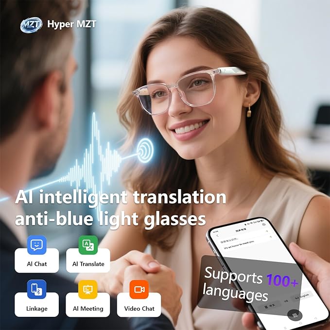 AI Translation Glasses Real-Time Voice Translator Smart Glasses 160+ Languages, Bluetooth 5.4 Wireless Earbuds, 9Hr Battery, Lightweight 29g for Travel Business Meeting (White)