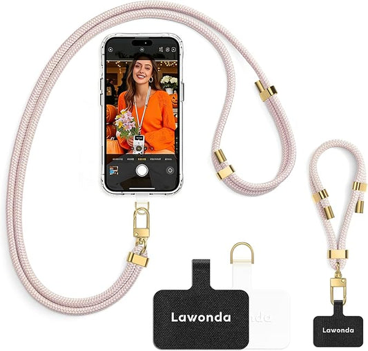 2 Pads Phone Lanyard Crossbody Adjustable Anti Theft Cell Phone Strap for Travel Essentials, Premium Metal Buckles, Universal Neck Wrist Lanyard 2pcs Phone Tether Tab (Pink/Gold)