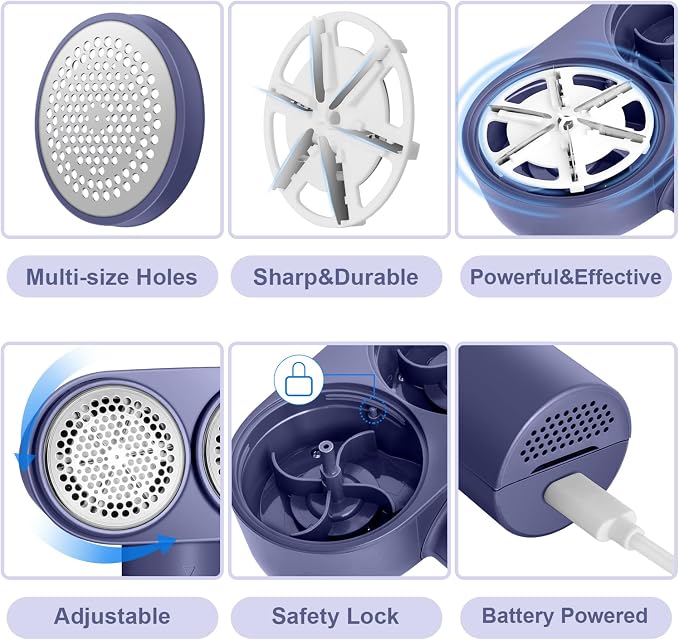 Fabric Shaver, Handzee Electric Lint Shaver, Dual Motor Sweater Shaver, Fabric Pilling Remover, Powerful 2 Gear 6-Leaf Blades, Portable Defuzzer Clothes Fuzz Remover for Sweater Furniture (Purple)