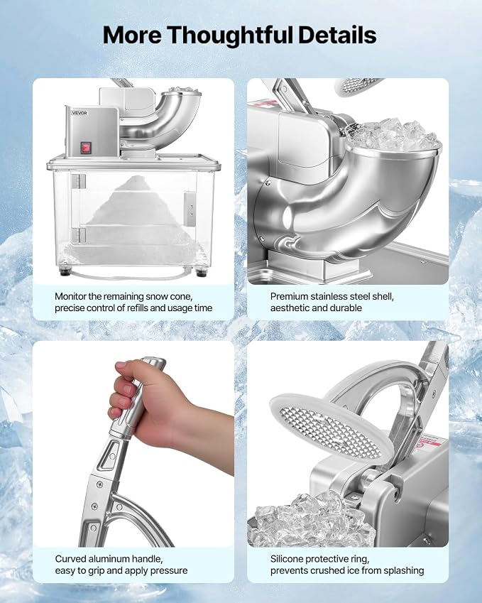 VEVOR Commercial Ice Crusher 661LBS/H, 350W Electric Snow Cone Machine with 4 Blades, 2000RPM Stainless Steel Shaved Ice Machine with 11 Gal Crushed-Ice Box, for Family Restaurants Bars, Silver