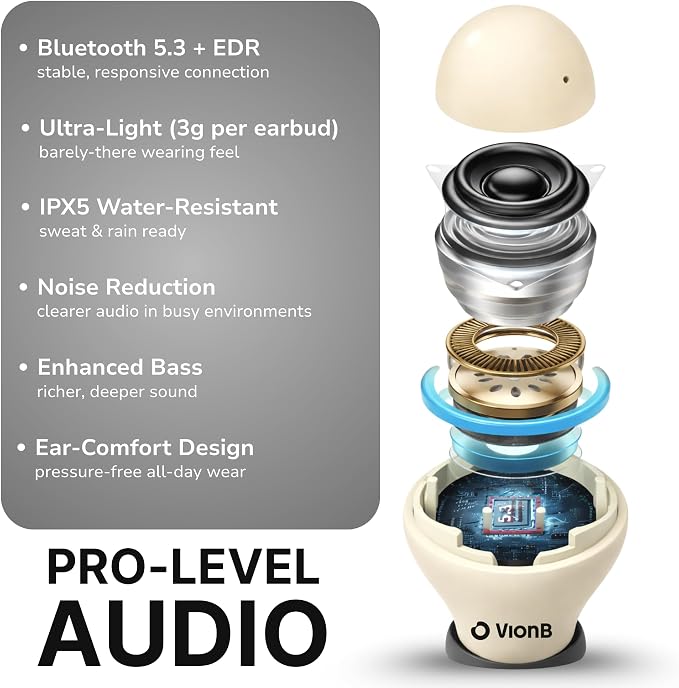 VionB Air Invisible Earbuds Wireless Bluetooth 5.4 for Small Ears, Mini Tiny Ear Buds, IPX5 Waterproof, Sound Isolating Fit, ENC Mic for Clear Calls, Discreet in-Ear Headphones (Beige)