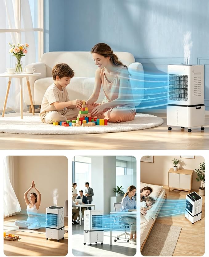 Evaporative Air Cooler Fan, Small Swamp Cooler Fan with 12L Removable Water Tank, 6 Speeds, Cooling Spray Modes & Lights, Remote, 24H Timer for Bedroom, Office & Living Room