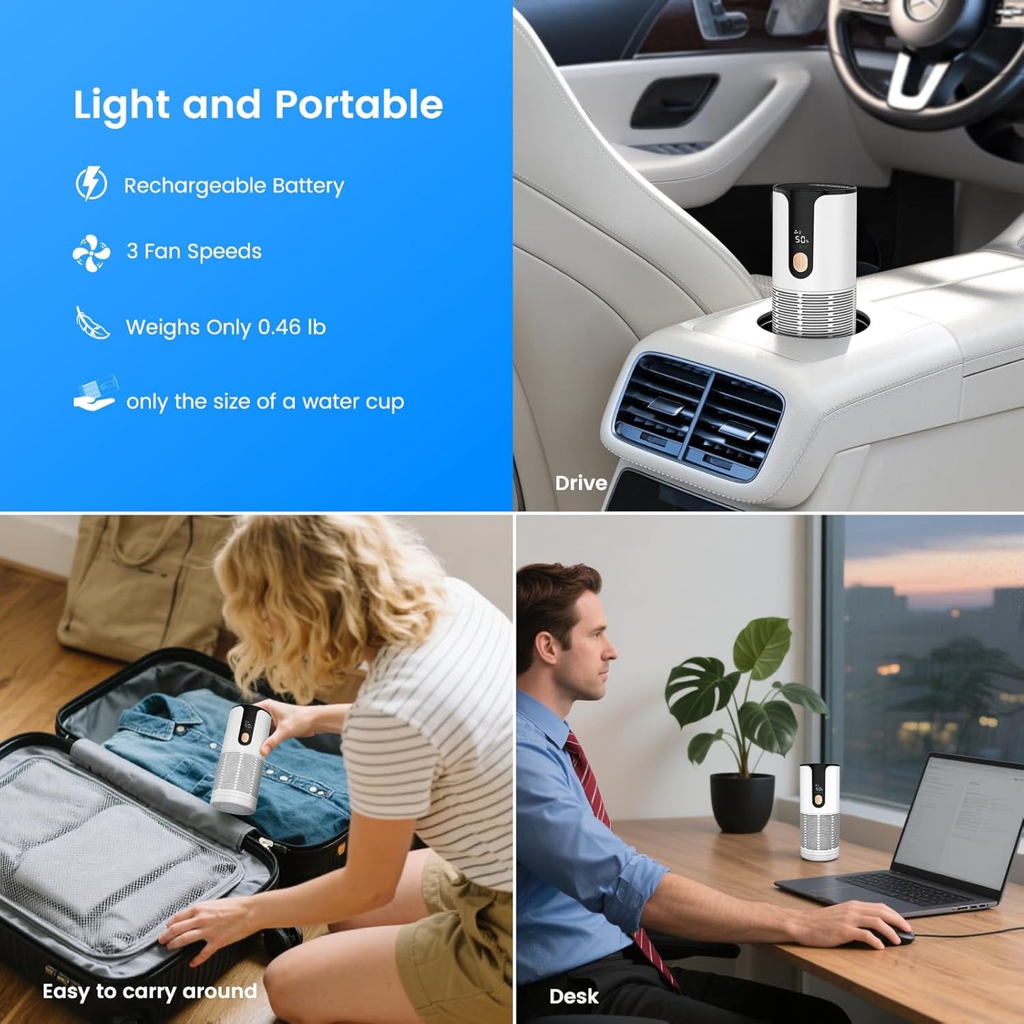 Mini Car Air Purifier-True HEPA Portable Small Air Purifier with LCD Display,15dB Quiet,USB-C Charging,Filters Smoke/Dust/Pet Dander in Car/Office/Desk/Travel（White）
