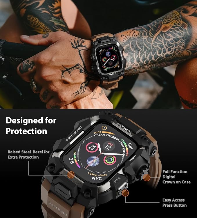 ULTIMAL Rugged Case with Band for Apple Watch 44mm,Compatible with Apple Watch Series SE 3/SE 2/SE Generation/6/5/4, Military Grade Shockproof Bumper Cover for iWatch Tactical Band Men (Coffee Brown, 44mm)