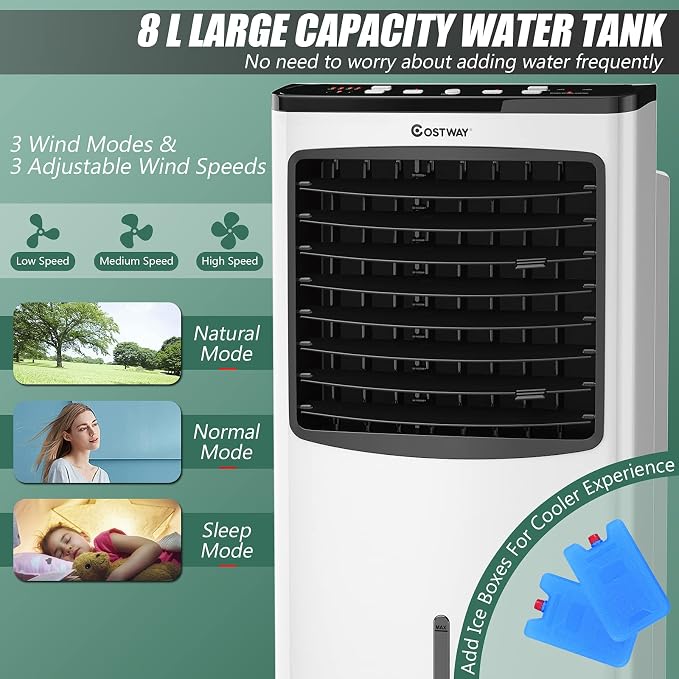 Rolling Evaporative Air Cooler, 3-in-1 Air Conditioner w/Fan & Humidifier, Portable Bladeless Quiet Electric Fan with Remote Control & Casters, 2 Ice Box & 8 Liter Water Tank for Home/Office
