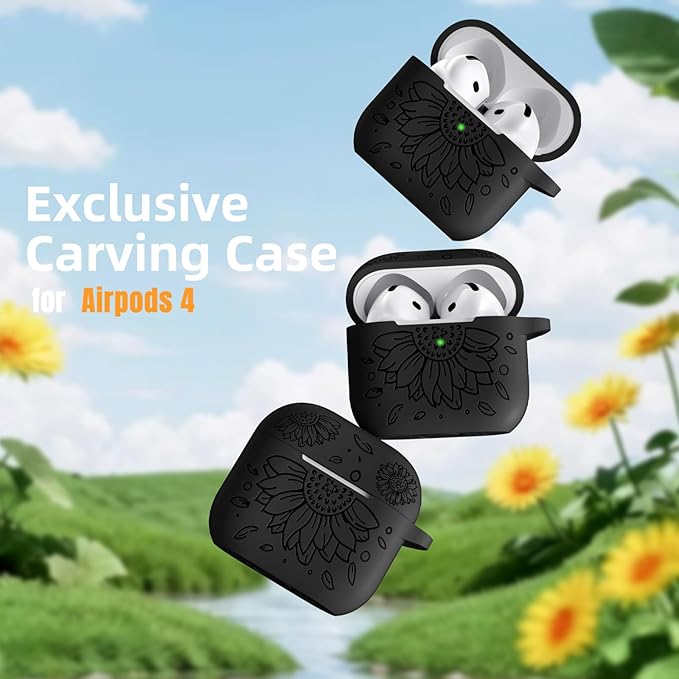 Lerobo for Airpods 4 Case Cover, Floral Engraved Soft Silicone Protective Case with Cleaning Kit & Keychain Compatible with Apple AirPods 4th Gen 2024 for Women,Wireless Charging & LED Visible,Black