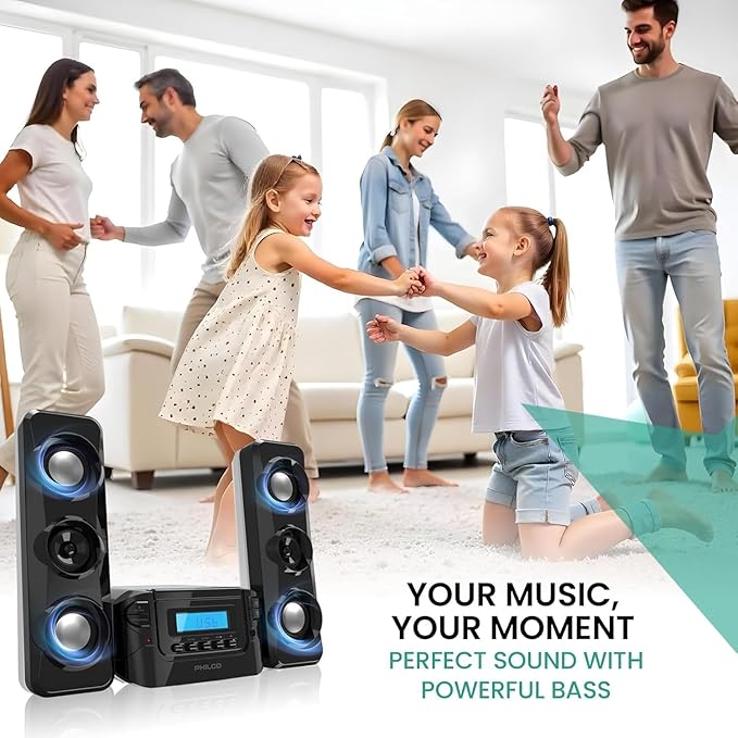 Philco Stereo Shelf Systems Compact CD Shelf System with Digital FM Stereo Radio, Bluetooth Wireless Technology, and Remote Control | LCD Display | MP3 & AUX Port Compatible | USB Playback (Black)