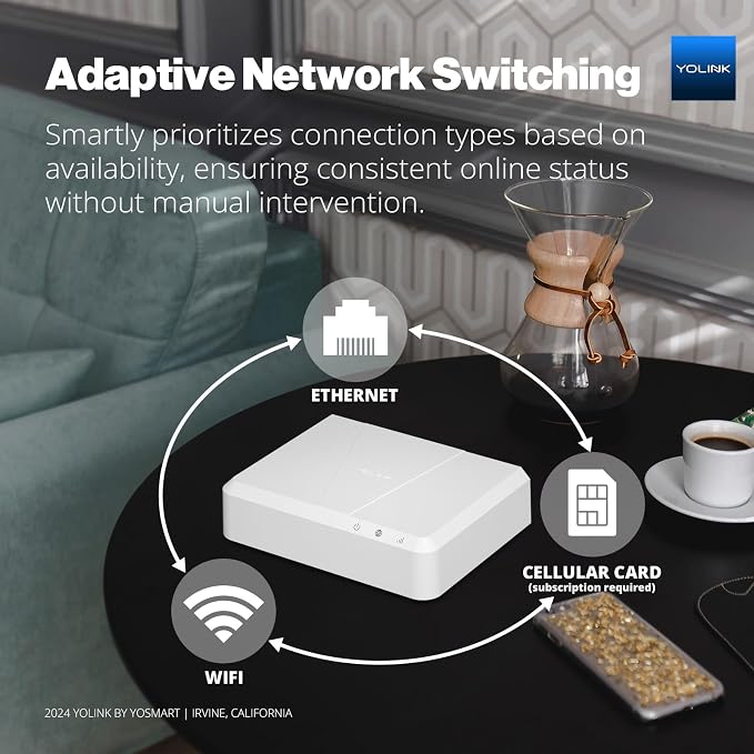 YoLink Hub 3 Smart Home Gateway: 4G LTE Cellular ($6.99 Monthly Fee), WiFi, Ethernet, Battery Backup Seamless Plug & Play Installation, Ideal for Remote & Urban Residences, 1/4 Mile Extended Range