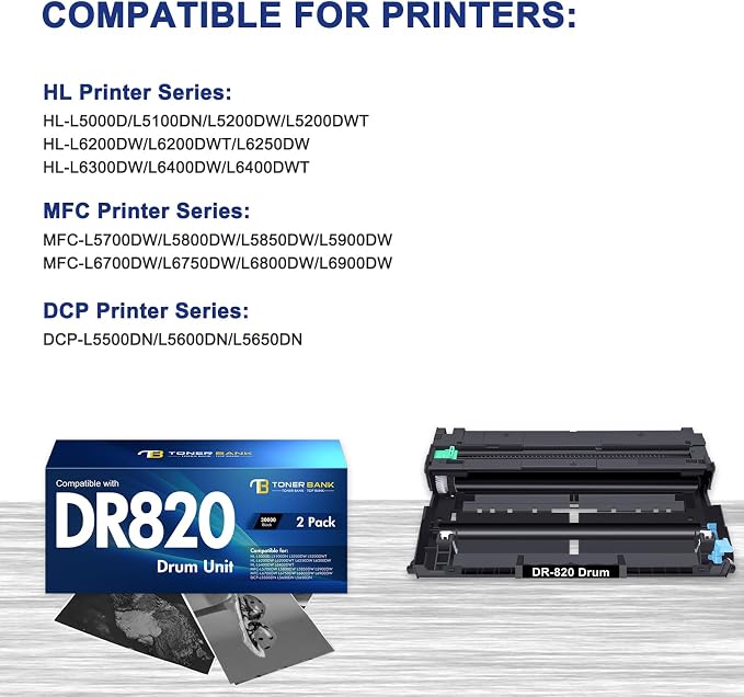 DR820 DR-820 Drum Unit DR 820 HL-L6200DW Compatible for Brother DR820 for HL-L6200DW Drum Unit MFC-L5850DW MFC-L5900DW MFC-L5700DW HL-L5200DW HLL6200DW L6200DW L5200DWT Printer 2 Pack