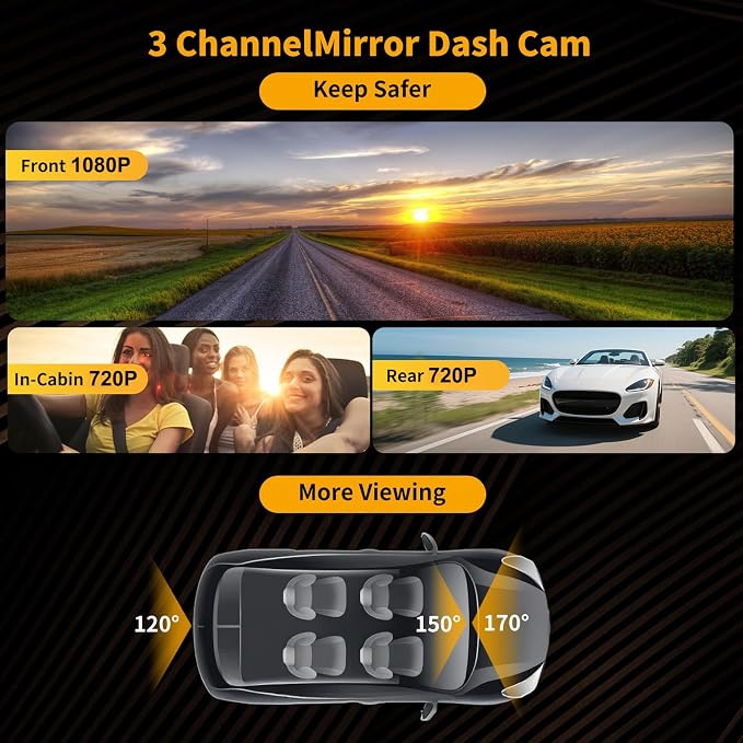 3 Channel 9.66'' WiFi Mirror Dash Cam with Front and Rear Camera IPS Touch Screen,Triple Rear View Mirror Camera with App Recording,64GB TF Card,Loop Recording,Night Vision, G-Sensor Parking Monitor
