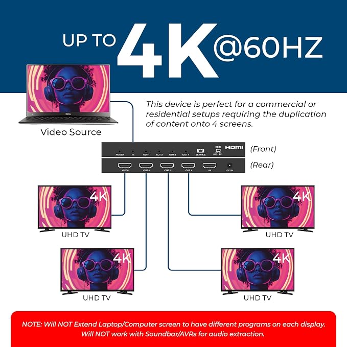 OREI 1x4 HDMI Splitter 4K 60Hz with Audio Extractor – HDMI 2.0b Splitter 1 in 4 Out with 4K to 1080p Downscaling, HDR10+, Dolby Vision, HDCP 2.3, Optical & 3.5mm Audio Out