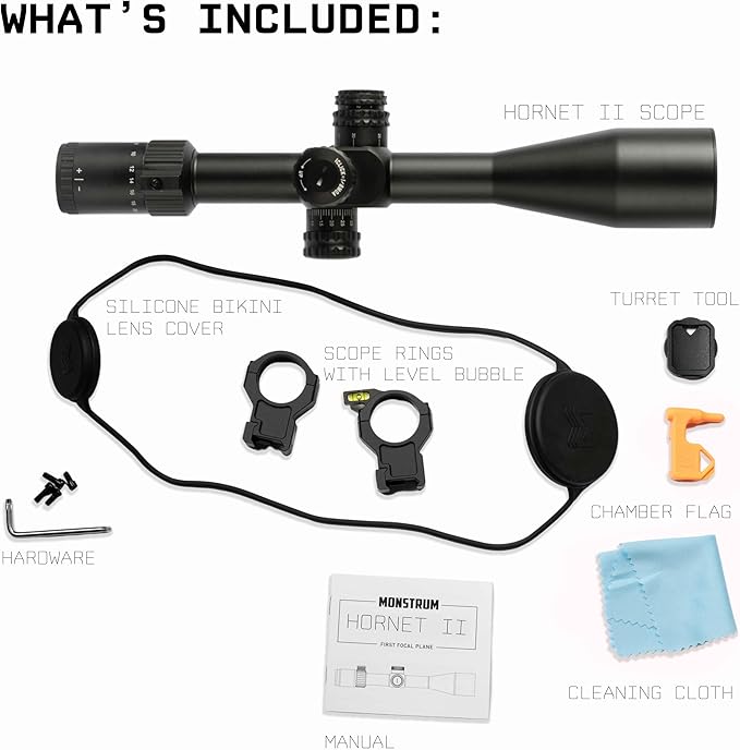 Monstrum Hornet II 6-24x50 FFP Rifle Scope | Includes Zero Stop, Scope Level, and Detachable Sunshade