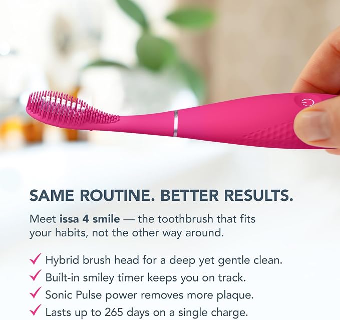 FOREO ISSA 4 Smile Electric Toothbrush – Compact & Travel-Friendly, 4-in-1 Hybrid Brush Head, Tough on Plaque, Long Battery Life (265 Days), 6-Month Brush Head Replacement – Wild Strawberry