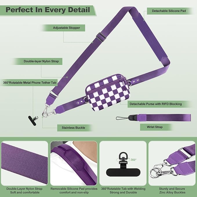 YFWE Clip and Go Strap for Phone with Wallet Crossbody, Adjustable Phone Lanyard with Detachable RFID Wristlet Wallet, Phone Strap with Phone Tabs for All Phones, Purple Checkered (M)