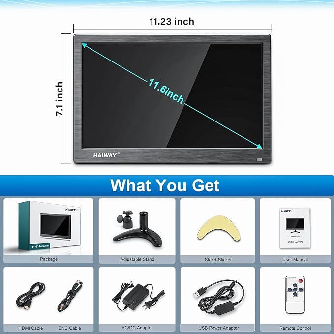 Haiway 11.6 inch Security Monitor, 1366x768 LED Monitor Small HDMI Monitors with Remote Control Built-in Speakers, Mini Monitors HDMI VGA AV BNC USB Input for CCTV Raspberry Pi PC Fire Stick Gaming