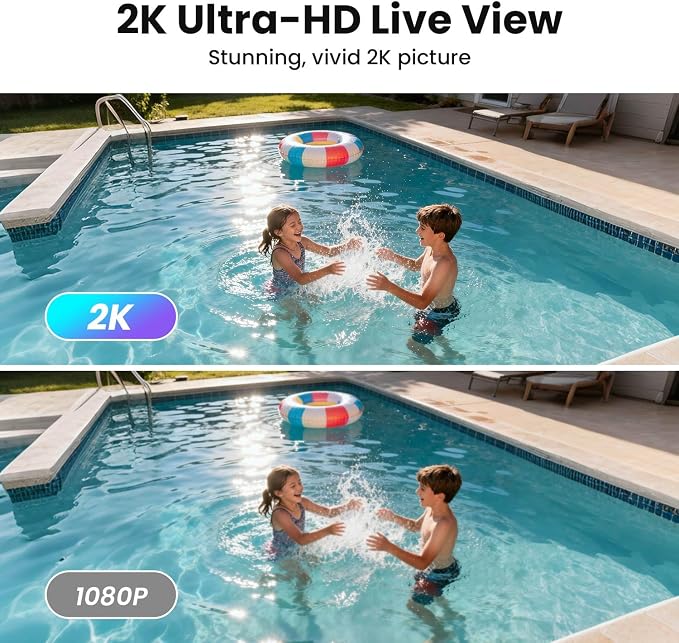 2K Security Camera Wireless Outdoor, Free Cloud Storage, Solar Powered WiFi Cameras for Home Security with AI Motion Detection, Instant Alert, SD Storage, IP66 Waterproof, 2.4GHz, 2 Pack