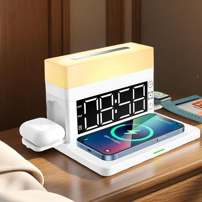 6 in 1 Wireless Charger, 15W Fast Charging Station with Digital Clock, Alarm & Night Light, Multi-Device Charging Dock for Phone/Smartwatch/Earbuds, RGB Ambient Light, N65 White.