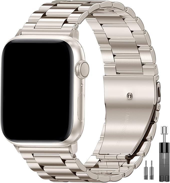 EPULY Compatible with Apple Watch Band 49mm 45mm 44mm 42mm 41mm 40mm 38mm, Business Stainless Steel Metal Watchband for iWatch Strap Ultra SE Series 8 7 6 5 4 3 2 1 Men(Starlight, 42mm/44mm/45mm/49mm)