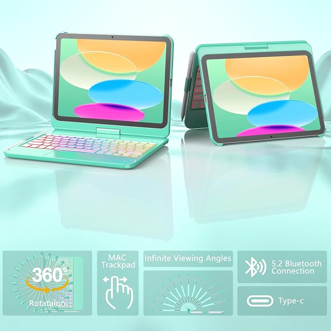 HOTLIFE for iPad A16 11th Generation/10th Generation Case with Keyboard,Touch Keyboard for iPad 11" /10th Gen 10.9 inch 2022-10 Color Backlight, 360° Rotatable Protective Cover (Lake Blue)